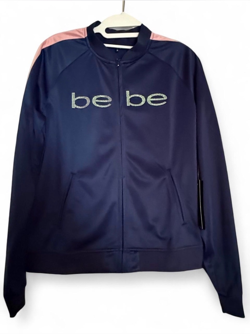 bebe Navy Track Jacket with Pink and white Shoulder and sleeve Accents